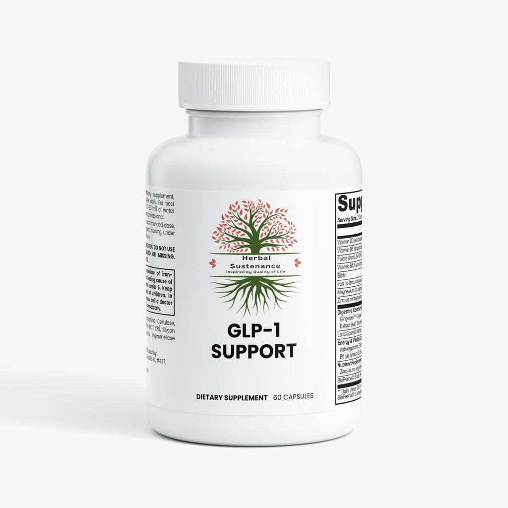 GLP-1 Support supplement icons showing Non-GMO, Gluten-Free, Lactose-Free, Allergen-Free, Antibiotic-Free, Hormone-Free, Alcohol-Free, and Vegetarian labels