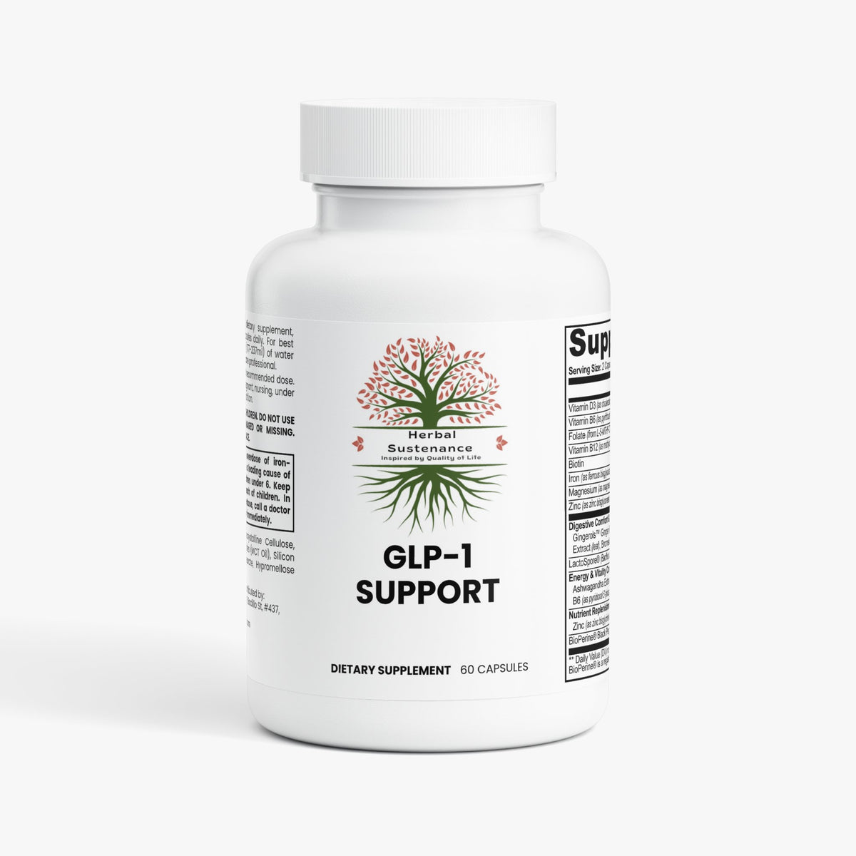 GLP-1 Support supplement icons showing Non-GMO, Gluten-Free, Lactose-Free, Allergen-Free, Antibiotic-Free, Hormone-Free, Alcohol-Free, and Vegetarian labels