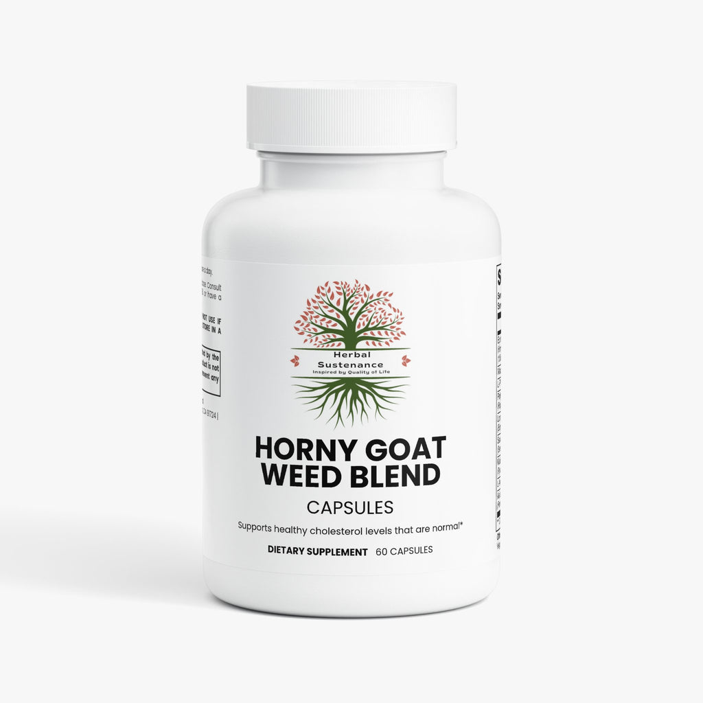 Horny Goat Weed Blend supplement capsules with gluten-free, lactose-free, allergen-free, hormone-free, all natural, and antibiotic-free icons