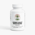 Horny Goat Weed Blend supplement capsules with gluten-free, lactose-free, allergen-free, hormone-free, all natural, and antibiotic-free icons