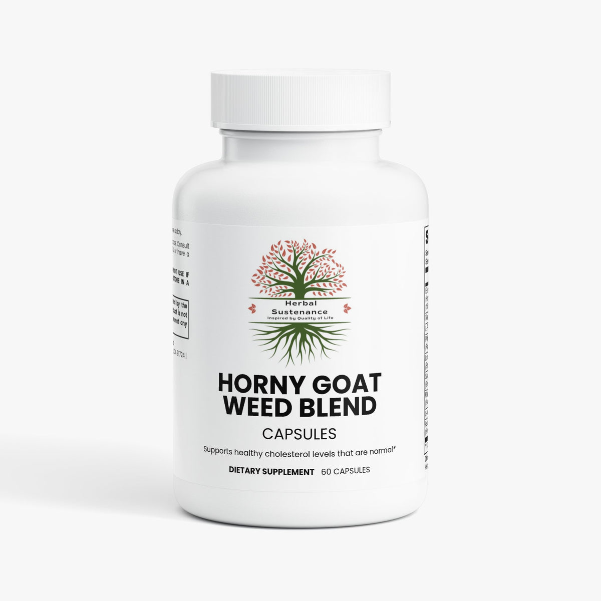 Horny Goat Weed Blend supplement capsules with gluten-free, lactose-free, allergen-free, hormone-free, all natural, and antibiotic-free icons