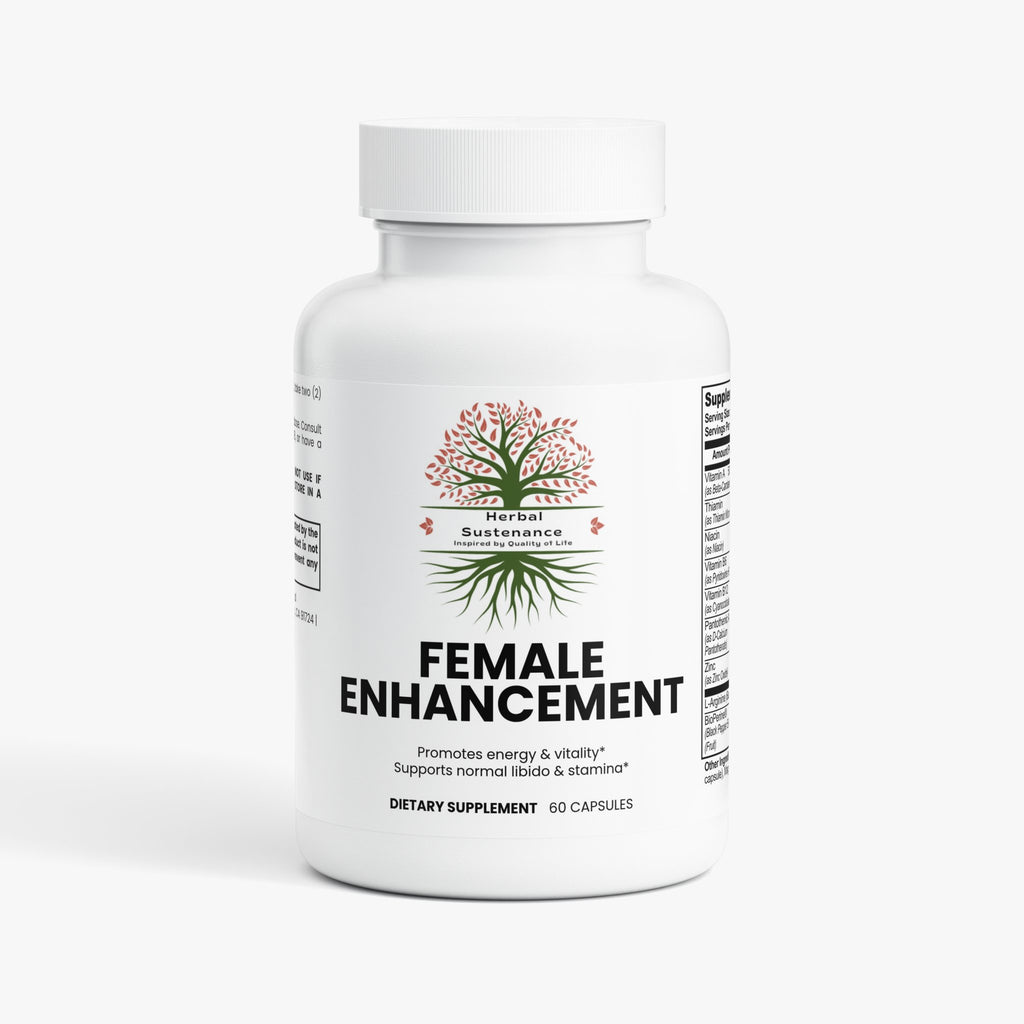 Female Enhancement supplement icons showing gluten-free, lactose-free, allergen-free, hormone-free, all natural, antibiotic-free, and non-GMO labels