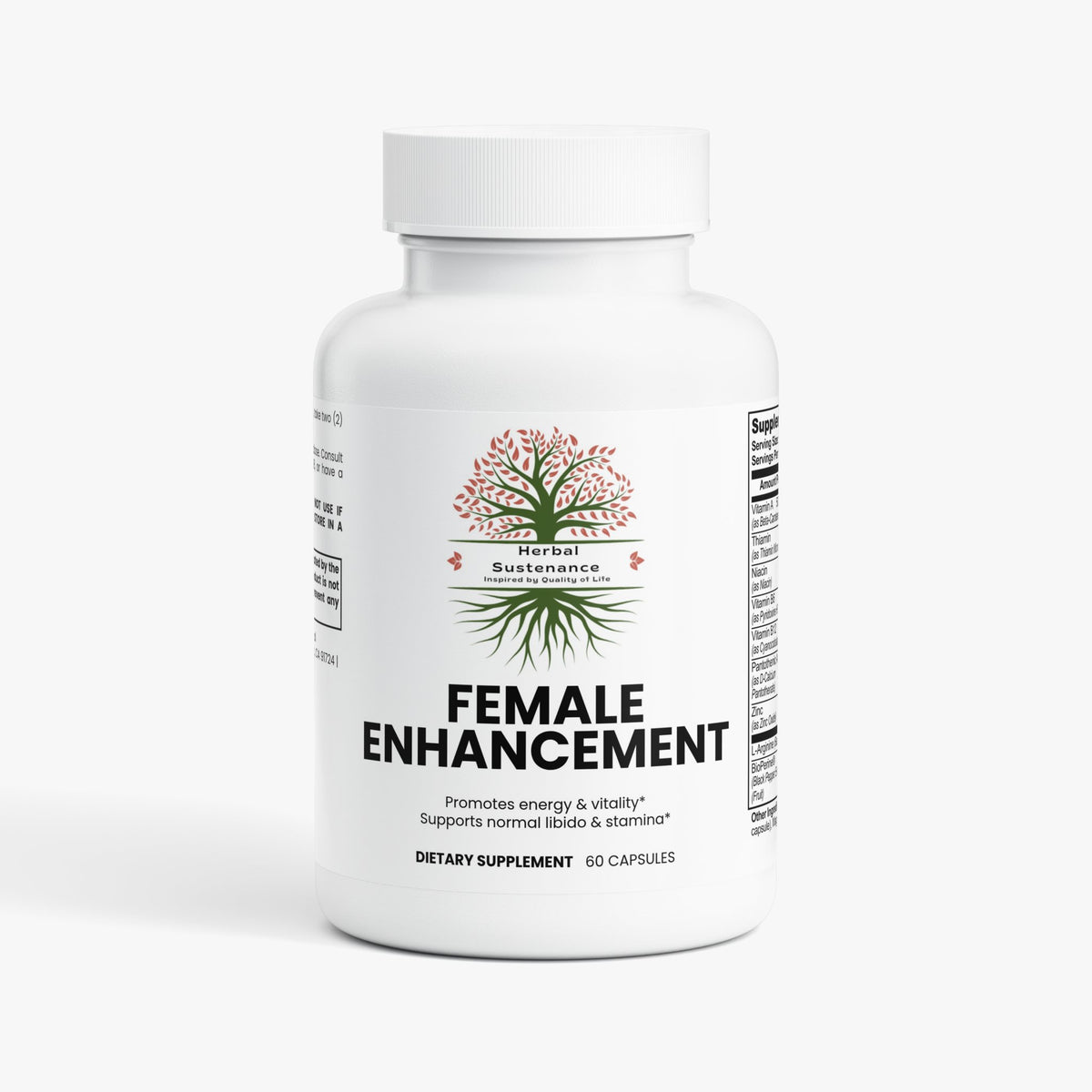 Female Enhancement supplement icons showing gluten-free, lactose-free, allergen-free, hormone-free, all natural, antibiotic-free, and non-GMO labels